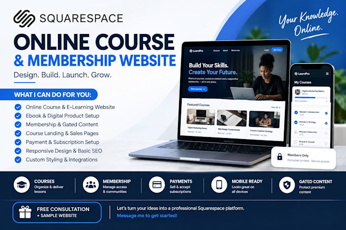 design squarespace elearning online ebook course funnel, membership website