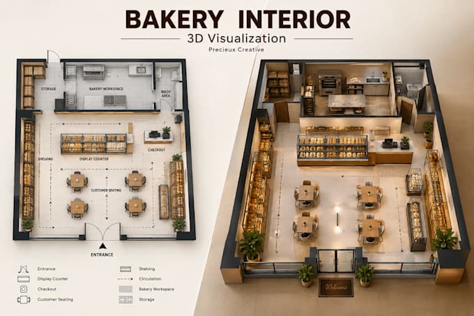 design a modern bakery interior in 3d