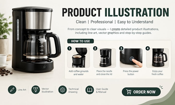 create product line art, vector illustrations and technical drawings for manuals