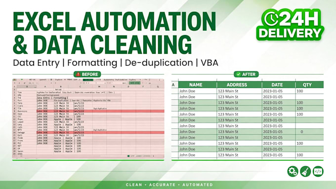 do excel data cleaning, formatting, deduplication and automation