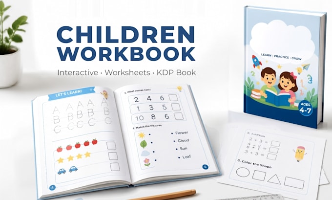create kid workbook, illustration worksheets, interactive educational workbook