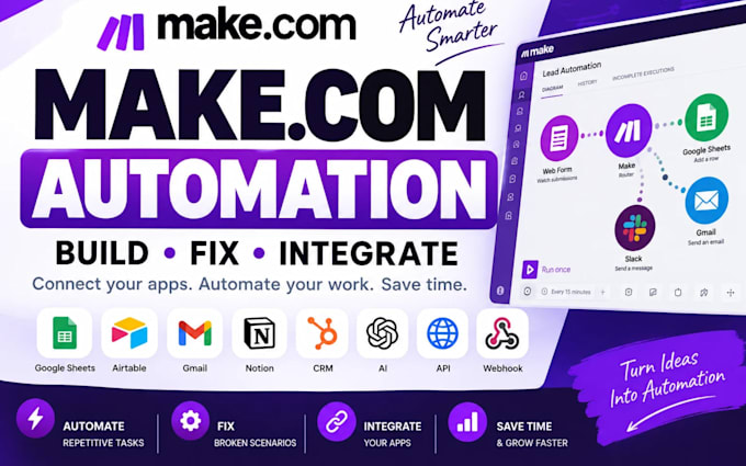 build or fix make com automation, scenarios and API integrations