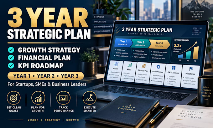 write a 3 year strategic plan growth strategy financial plan, KPI roadmap