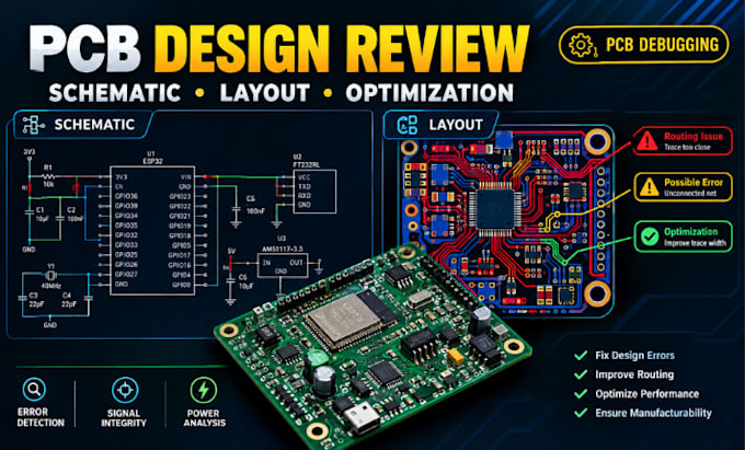 review and analyse your pcb schematic and pcb layout for errors and optimization