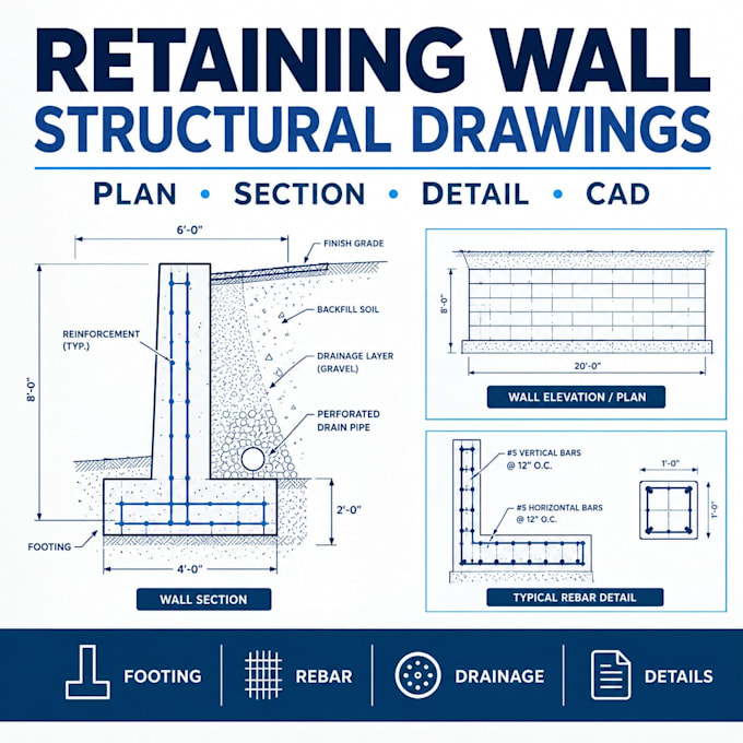create retaining wall structural drawings, details and cad plans