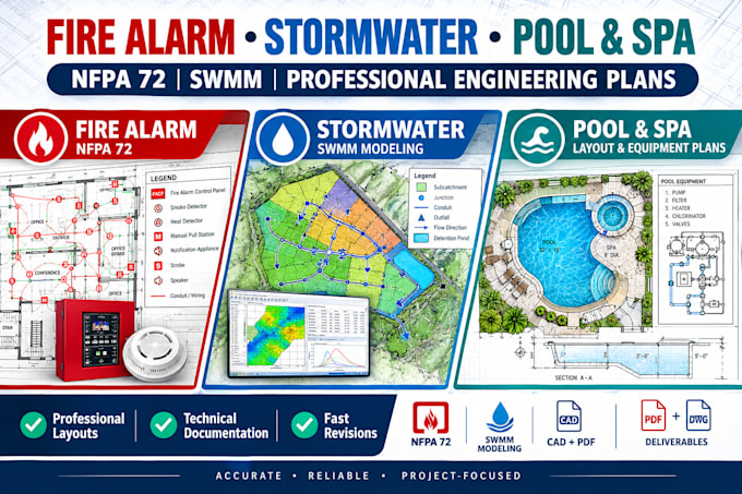 design nfpa 72 fire alarm, swmm stormwater, pool and spa plans