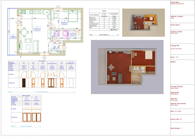 create 2d floor plan and 3d interior render for apartment