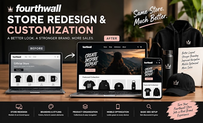 redesign and customise fourthwall store and optimise for merch store creators