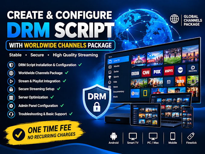 create and configure drm script with worldwide channels package, one time fee