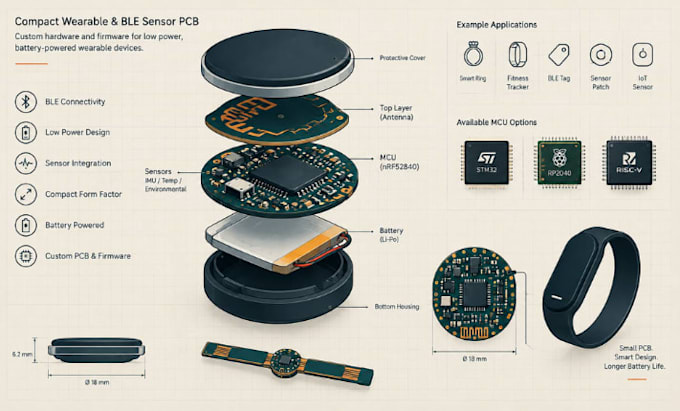 design compact wearable pcb ble sensor nrf52840 low power battery bluetooth flex