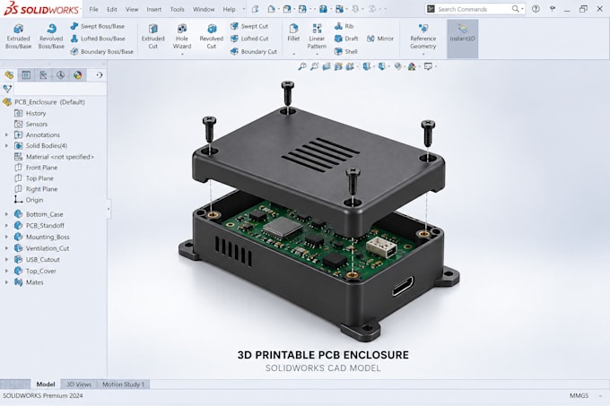 design 3d printable pcb enclosure, electronics housing solidworks cad 3d model