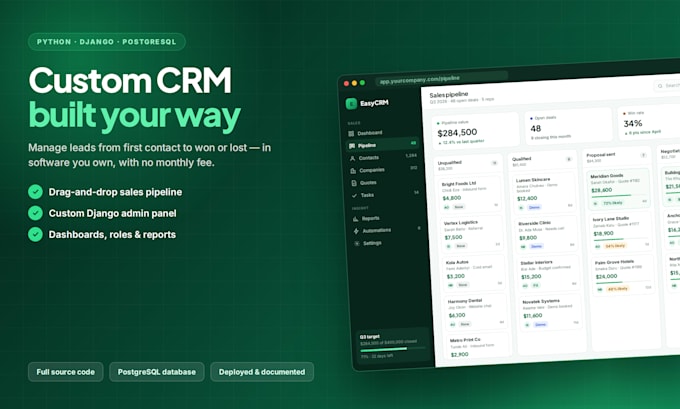 build a custom python django crm with postgresql database