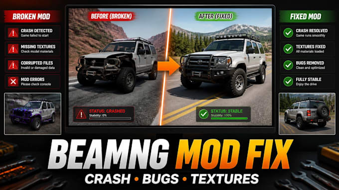 fix beamng mod crashes, bugs, and texture issues professionally