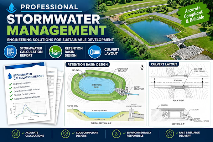 provide stormwater calculation report, retention basin design and culvert layout