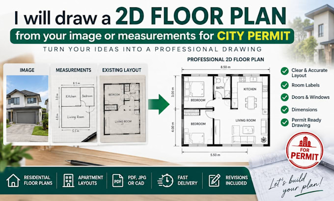 draw 2d floor plan from your image or measurements for city permit