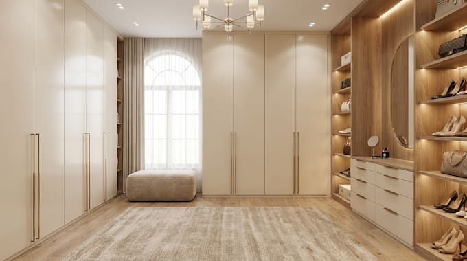 create walk in closet, wardrobe, dressing room interior ikea pax with 3d render