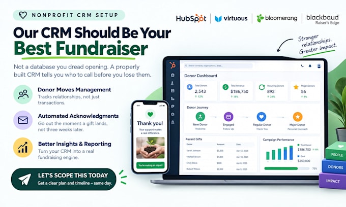 hubspot, virtuous, bloomerang and blackbaud raiser edge nonprofit CRM setup