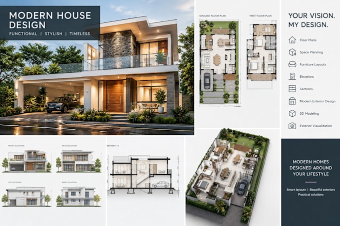 do modern house villa design exterior design floor plans elevations sections 3d