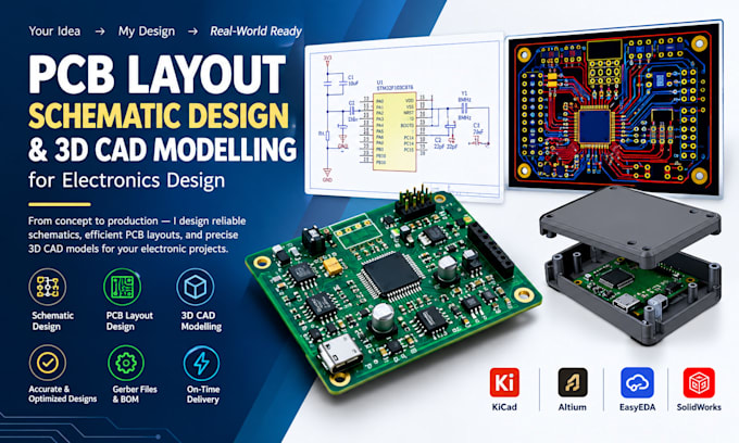 design pcb layout schematic design and 3d cad modelling for electronics design