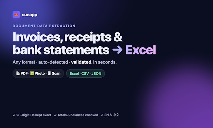 extract invoices, receipts and bank statements into excel or json