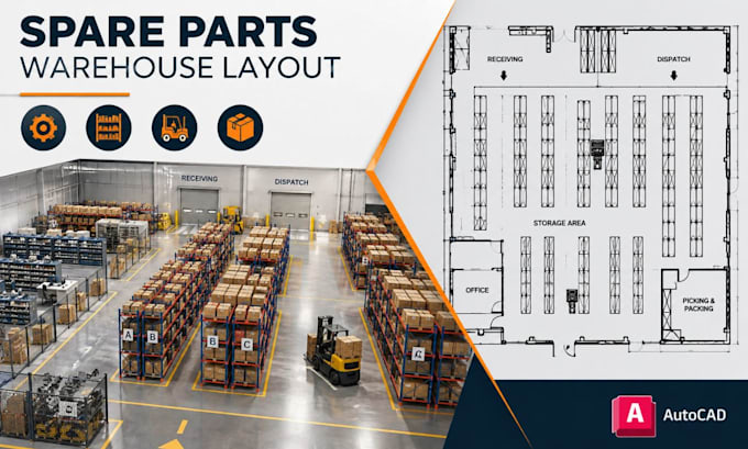 design spare parts warehouse layout, racking plan and autocad drawings