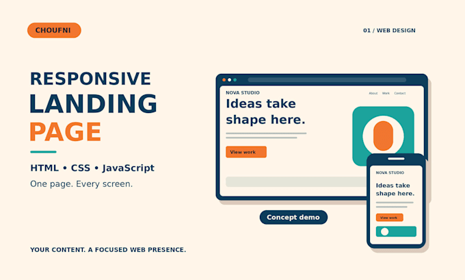 build a responsive landing page with HTML CSS and javascript