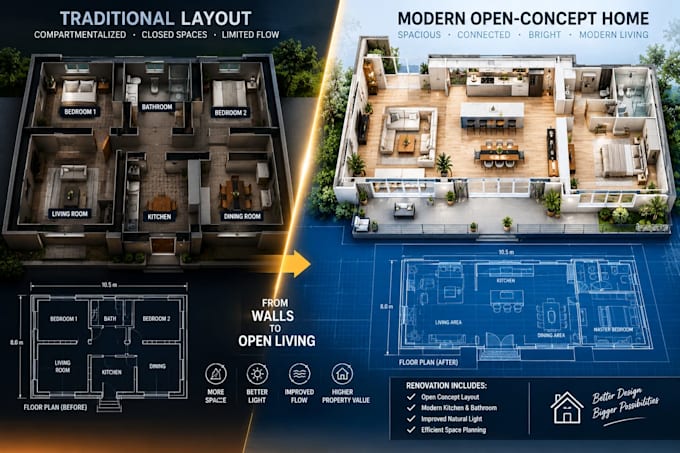 open concept layout and residential beam design for remodel