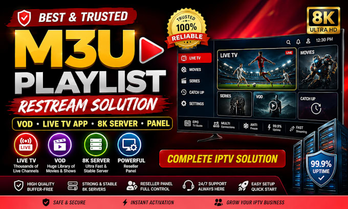 provide secure m3u playlist restream solution with vod, 8k server with panel