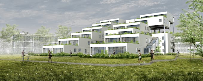 design 3d apartment building exterior rendering, multi family housing
