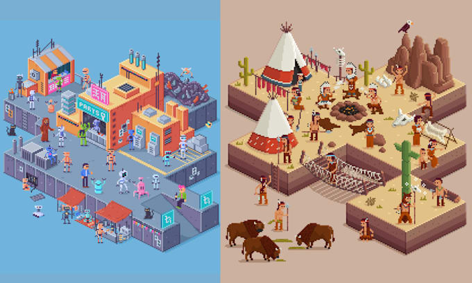design isometric pixel game art, pixel art scenes, 2d pixel environment design