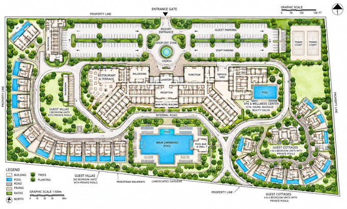 create a detailed hotel resort site plan and property layout