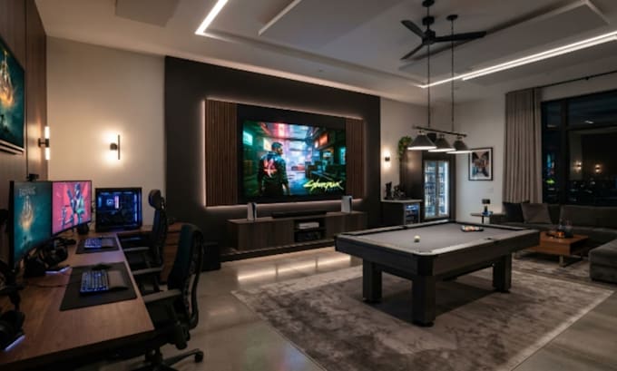 3d basement design, home theater, basement bar, game room rendering