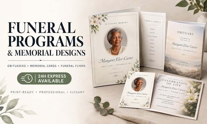 design elegant funeral programs, obituary booklets, memorial cards and flyers