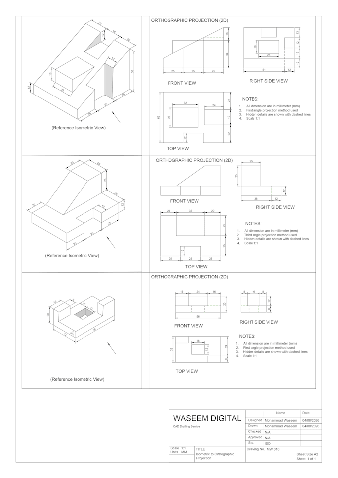 creat autocad 2d mechanical and orthographic drawing