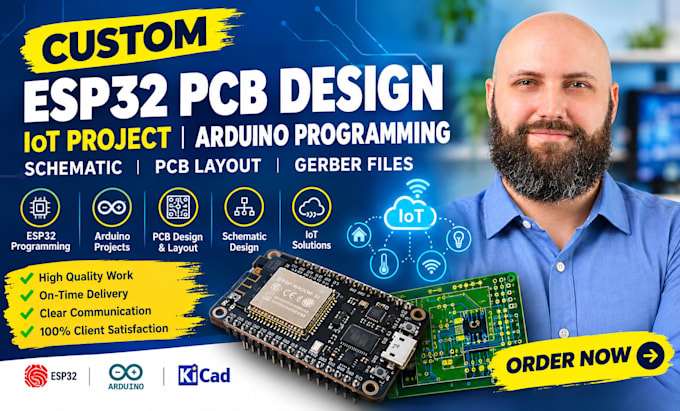 design custom esp32 pcb, iot project arduino programming, schematic, pcb layout