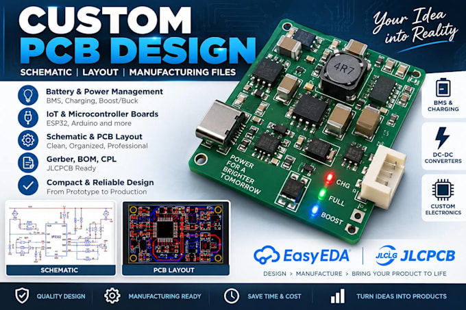 design custom pcb, schematic, bms and power management in easyeda