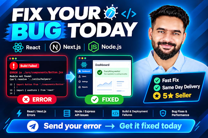 fix bugs and errors in your react, next js or node app