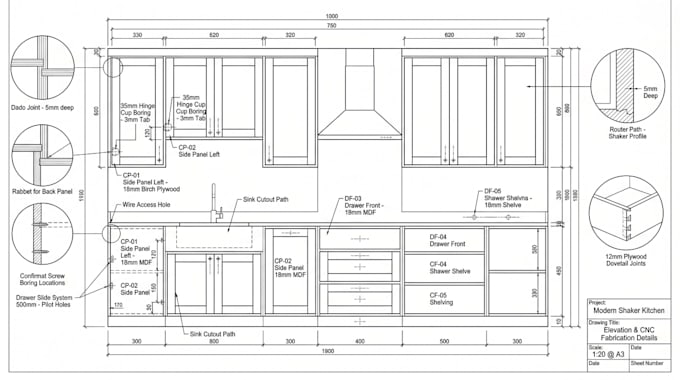 prepare custom kitchen cabinet elevation production drawings for cnc fabrication