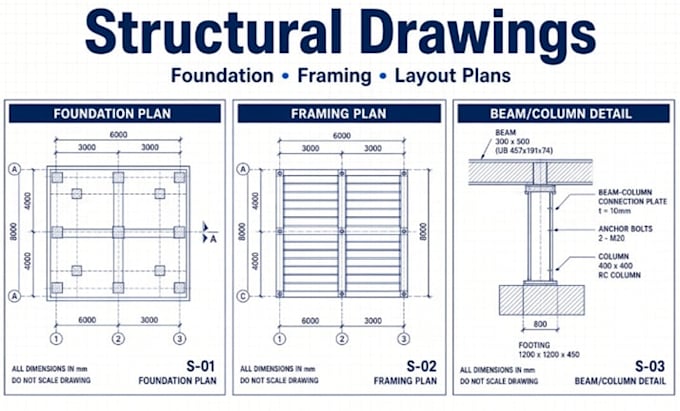 draft structural plans beam layouts column layouts construction details