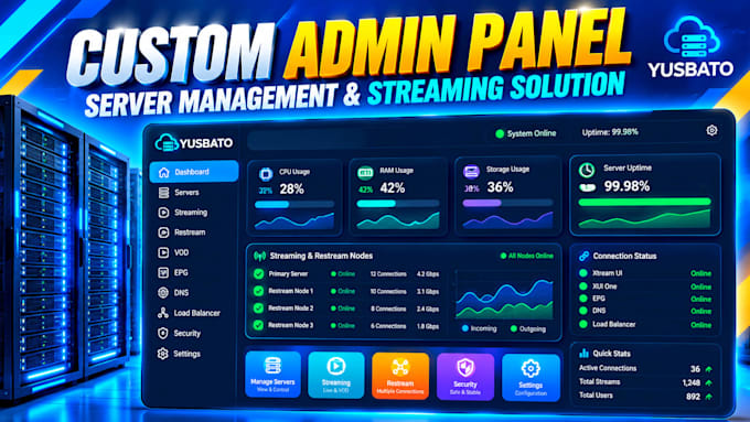 set up and configure server admin panel, restreaming and unlimited connections