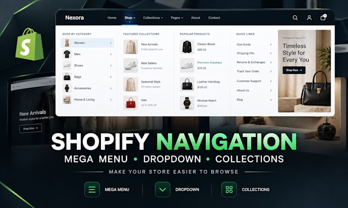 create or fix your shopify navigation menu, dropdown and mega menu