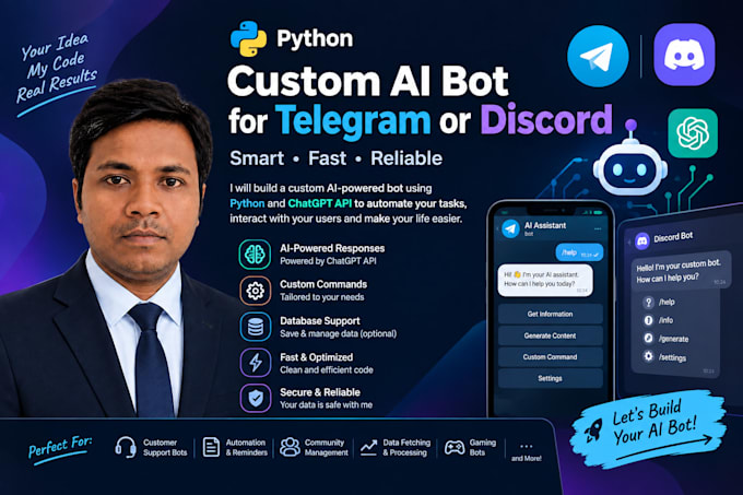 build custom ai telegram bot or discord bot using python and chatgpt API