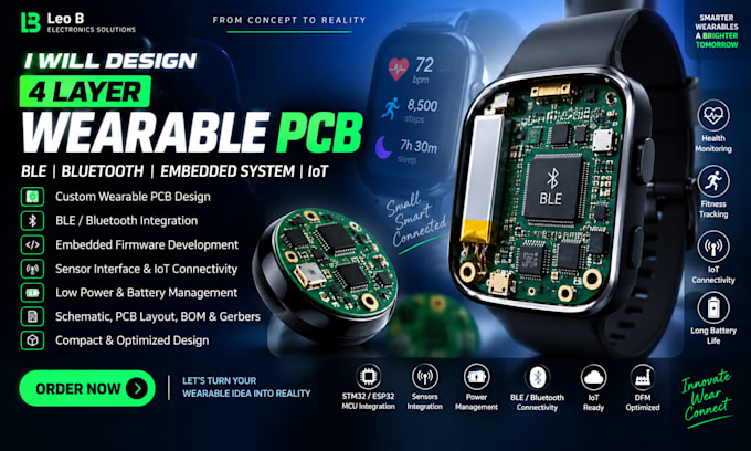 design 4 layer wearable pcb ble bluetooth embedded system firmware iot