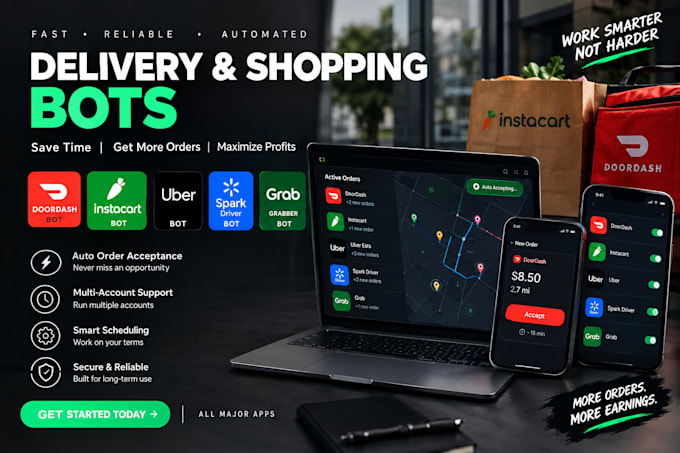 develop doordash bot, instacart bot, spark driver bot, amazon flex bot