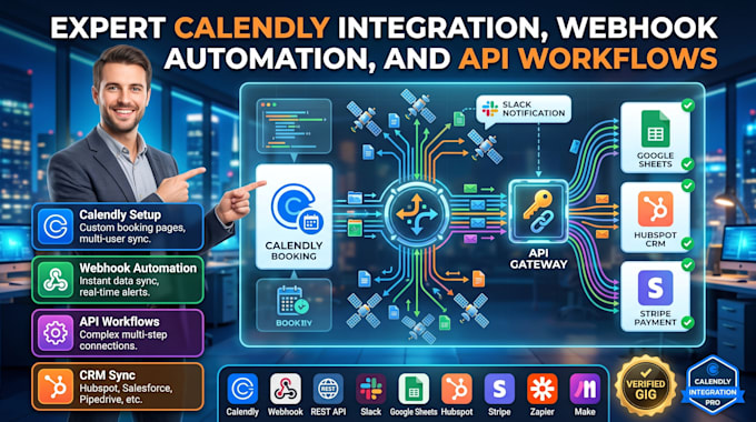 setup calendly integration, webhook automation and API workflows