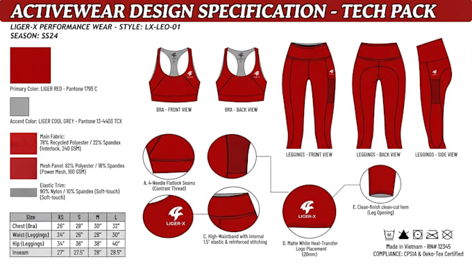 create activewear tech pack, sportswear tech pack and technical flat sketch