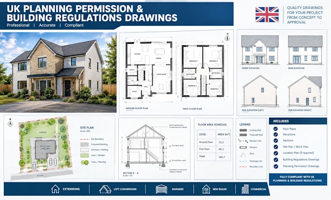 draw UK planning permission and building regulations drawings