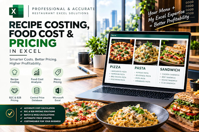 do recipe costing, food cost analysis, pricing, b2c portion and b2b moq