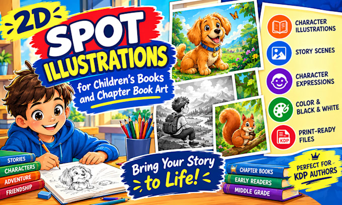 create 2d spot illustrations for children book, stories and chapter book art