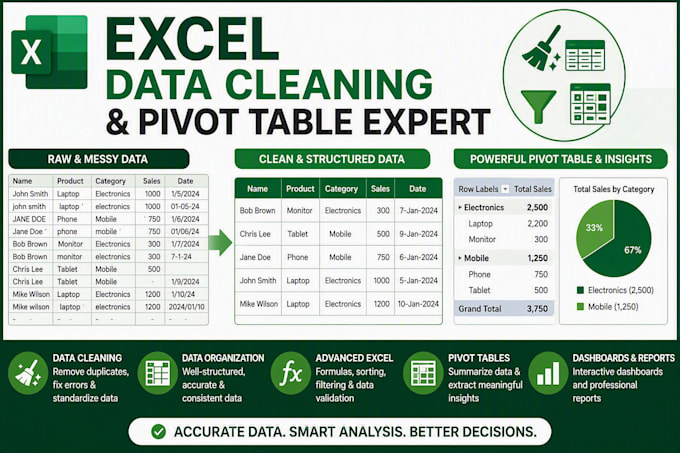 do excel data cleaning, excel data processing, data analysis